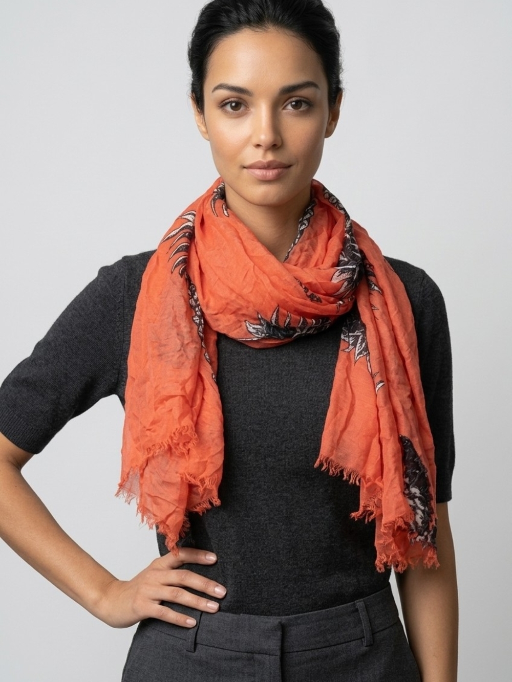NWT Ann Taylor Coral Scarf Wrap with Black Pineapple Accent - Picture 3 of 4